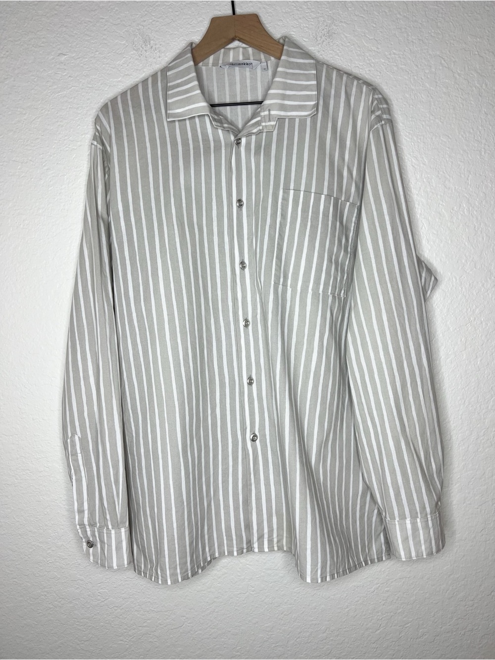 Marimekko Jokapoika Button Up Shirt Grey White Stripe Unisex Relaxed Fit size XL